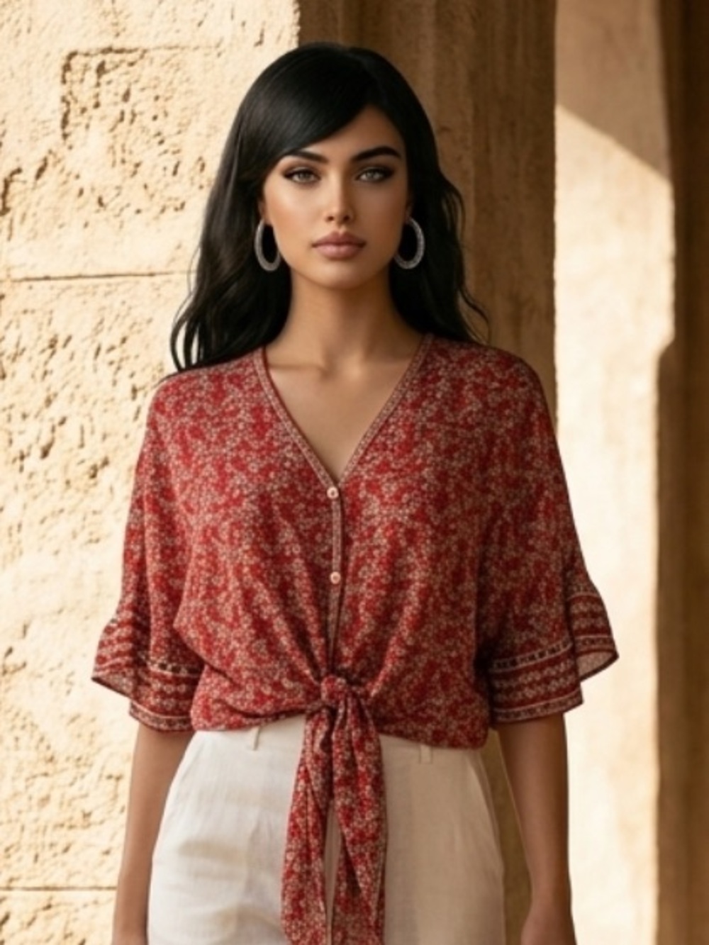 2 for $30 💟Max Studio Red Floral Tie-Front Blouse